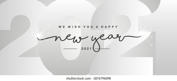 Happy New Year 2021 black handwritten lettering typography sparkle firework New Year 2021 into silver white background