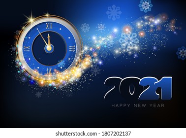Happy New Year 2021, blue numbers. Glowing gold clock was five minutes past midnight. Dark blue background, stars and snowflakes. Elements for calendar, greeting cards, starry sky, template, Christmas