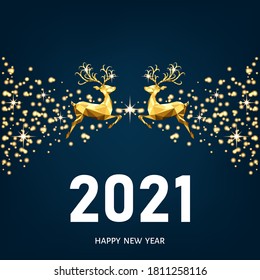 Schönes neues Jahr 2021, blauer Hintergrund. Weihnachtsgoldmuster. Die goldene, weiße Dekoration. Weihnachtsrentiere. Vektorvorlage für Grußkarten.