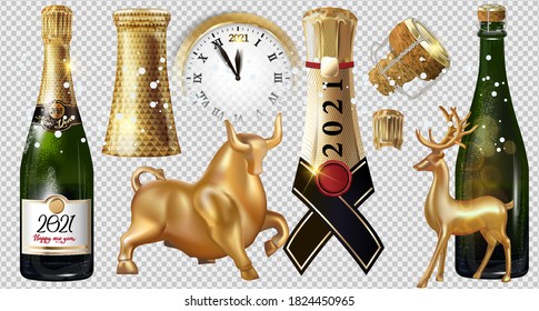 Happy New Year 2021 a bottle of champagne on a transparent background. Vector illustration of New year party design template with elements: Golden bull, deer, clock