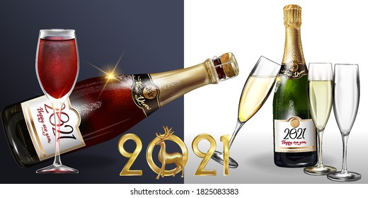 Happy New Year 2021 a bottle of champagne on a white background. Vector illustration of New year party design template with elements