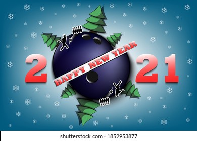 Happy new year 2021 and bowling ball with Christmas trees and bowling player on an isolated background. Design pattern for greeting card. Vector illustration