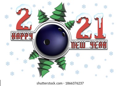 Happy new year 2021 and bowling ball with Christmas trees on an isolated background. Snowy numbers and letters. Design pattern for greeting card, banner, poster, flyer, invitation. Vector illustration