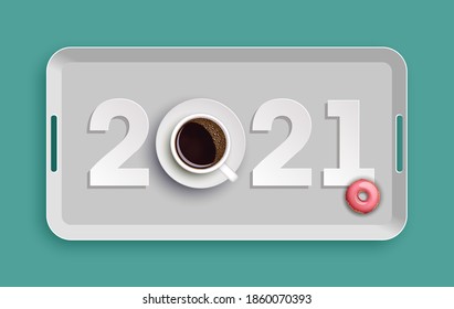 Happy New Year 2021 breakfast coffee & donuts background. Greeting card 2021 cup of coffee & donuts icing flyer