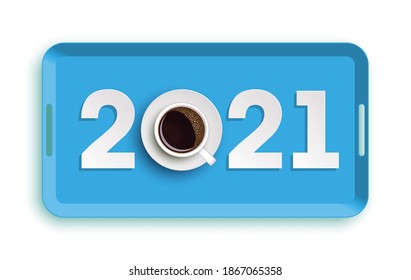 Happy New Year 2021 breakfast coffee background. Greeting card 2021 cup of coffee flyer, 3D illustration
