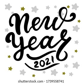 Happy new year 2021. Brush calligraphy. Hand writing lettering congratulation phrase. Best wishes.