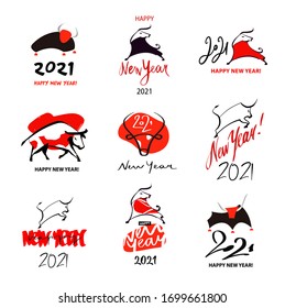 Happy New Year 2021. Year of Bull, Ox Taurus. Chinese lunar zodiac symbol of 2021. Vector illustration. Template elemrnt design poster, banner, flyer, isolate logo with face, head, silhouette bull.