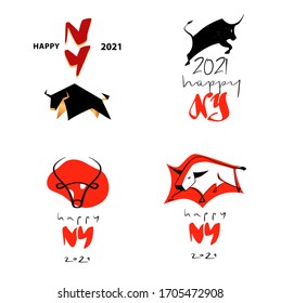 Happy New Year 2021. Year of Bull, Ox Taurus. Chinese lunar zodiac symbol of 2021. Vector illustration. Template elemrnt design poster, banner, flyer, isolate logo with face, head, silhouette bull.