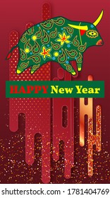 Happy new year 2021. Year of the bull.  Great for New year cards, banners, headers, party posters.