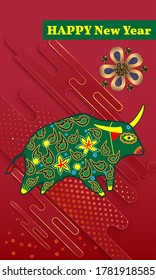 Happy new year 2021. Year of the bull.  Great for New year cards, banners, headers, party posters.
