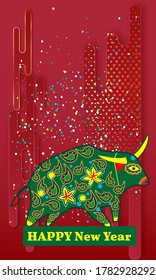 Happy new year 2021. Year of the bull.  Great for New year cards, banners, headers, party posters.