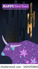 Happy new year 2021. Year of the bull.  Great for New year cards, banners, headers, party posters.