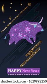 Happy new year 2021. Year of the bull.  Great for New year cards, banners, headers, party posters.