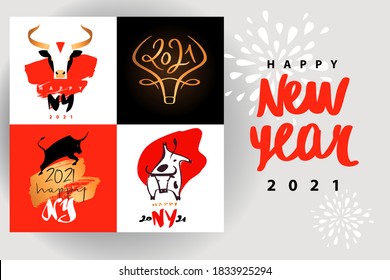 Happy New Year 2021. Year of Bull, Ox Taurus. Chinese lunar zodiac symbol of 2021. Vector illustration. Template elemrnt design poster, banner, flyer, isolate logo with face, head, silhouette bull.