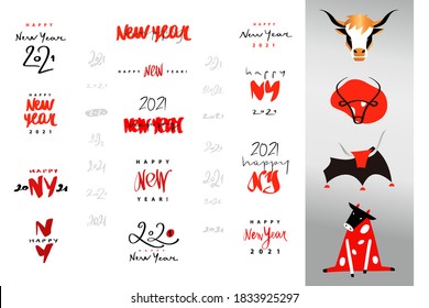 Happy New Year 2021. Year of Bull, Ox Taurus. Chinese lunar zodiac symbol of 2021. Vector illustration. Template elemrnt design poster, banner, flyer, isolate logo with face, head, silhouette bull.