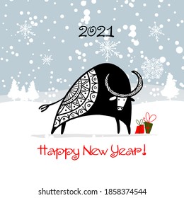 Happy new year 2021. Bull, ox, cow. Winter forest Background. Template for your design - poster, card, invitation. Vector illustration