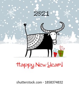 Happy new year 2021. Bull, ox, cow. Winter forest Background. Template for your design - poster, card, invitation. Vector illustration