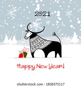 Happy new year 2021. Bull, ox, cow. Winter forest Background. Template for your design - poster, card, invitation. Vector illustration