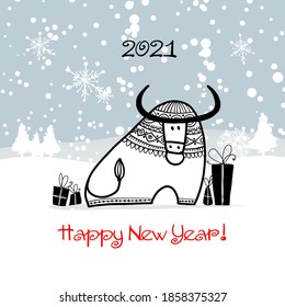 Happy new year 2021. Bull, ox, cow. Winter forest Background. Template for your design - poster, card, invitation. Vector illustration