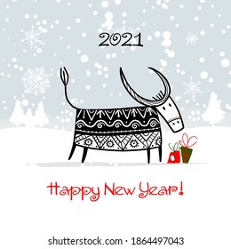 Happy new year 2021. Bull, ox, cow. Winter forest Background. Template for your design - poster, card, invitation. Vector illustration