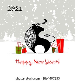Happy new year 2021. Bull, ox, cow. Winter forest Background. Template for your design - poster, card, invitation. Vector illustration