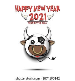 Happy New year. 2021 year of the bull. Cute muzzle bull in the form of a soccer ball. Soccer ball made in the form of a cow. Greeting card design template with for 2021 new year. Vector illustration
