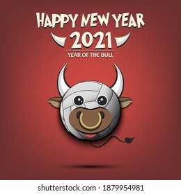 Happy New year. 2021 year of the bull. Cute muzzle bull in the form of a volleyball ball. Volleyball ball made in the form of a cow. Greeting card template with for 2021 new year. Vector illustration
