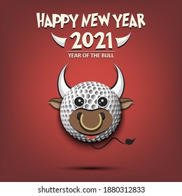 Happy New year. 2021 year of the bull. Cute muzzle bull in the form of a golf ball. Golf ball made in the form of a cow. Greeting card design template with for 2021 new year. Vector illustration