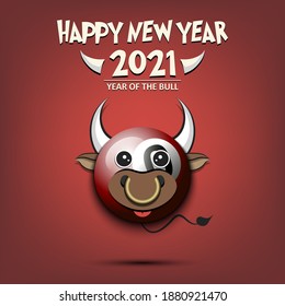 Happy New year. 2021 year of the bull. Cute muzzle bull in the form of a billiard ball. Billiard ball made in the form of a cow. Greeting card template with for 2021 new year. Vector illustration