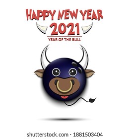 Happy New year. 2021 year of the bull. Cute muzzle bull in the form of a bowling ball. Bowling ball made in the form of a cow. Greeting card design template with for 2021 new year. Vector illustration
