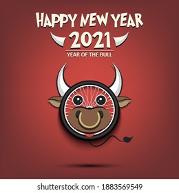 Happy New year. 2021 year of the bull. Cute muzzle bull in the form of a bicycle wheel. Bicycle wheel made in the form of a cow. Greeting card template with for 2021 new year. Vector illustration