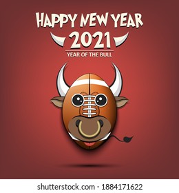 Happy New year. 2021 year of the bull. Cute muzzle bull in the form of a football ball. Football ball made in the form of a cow. Greeting card template with for 2021 new year. Vector illustration