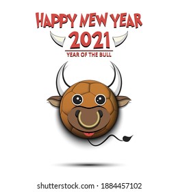 Happy New year. 2021 year of the bull. Cute muzzle bull in the form of a handball ball. Handball ball made in the form of a cow. Greeting card template with for 2021 new year. Vector illustration