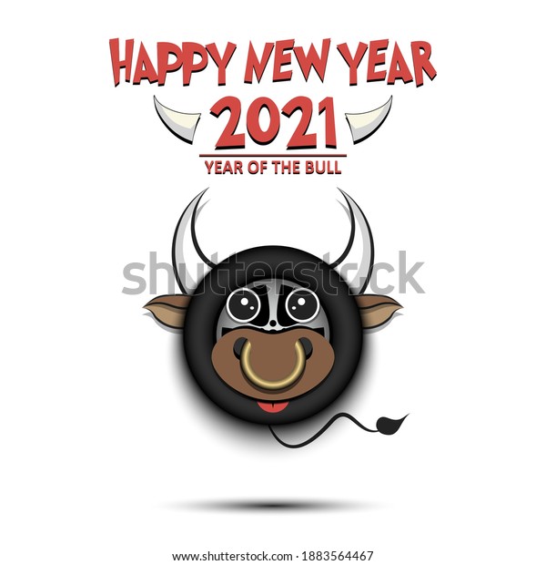 Happy New year. 2021 year of the bull. Cute\
muzzle bull in the form of a car wheel. Car wheel made in the form\
of a cow. Greeting card design template with for 2021 new year.\
Vector illustration