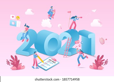 Feliz año nuevo 2021. Ilustración del concepto de los objetivos empresariales de 2021. 
Comerciantes haciendo marketing en medios sociales, buscando nuevas oportunidades, volando sobre cohetes y revisando la lista de resoluciones para el nuevo año