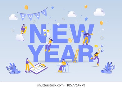 Happy new year 2021. 2021 business goals concept illustration. 
Marketers doing social media marketing, seeking new opportunities, flying on rocket and checking resolutions list for new year