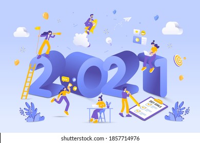 Happy new year 2021. 2021 business goals concept illustration. 
Marketers doing social media marketing, seeking new opportunities, flying on rocket and checking resolutions list for new year