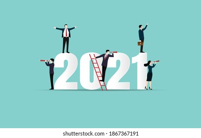 Happy new year 2021. 2021 business goals concept illustration. Business team seeking new opportunities. Leadership. Vision. Achievement. Success vector design