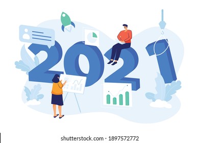 Feliz año nuevo 2021. Ilustración del concepto de los objetivos empresariales de 2021. Comerciantes haciendo marketing en medios sociales, buscando nuevas oportunidades, usando laptops y revisando la lista de resoluciones para año nuevo