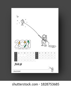 Happy new year 2021 Calendar with astronaut design elements for holiday cards, Flyer banner poster for decorations.