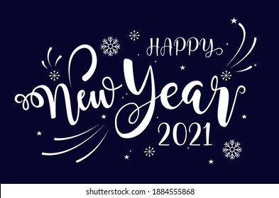 Happy New Year 2021 calligraphy handwritten dark blue and white text with swirls and snowflakes.