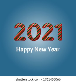 Happy new year 2021 candy text effect in red, green and whire color . Vector illustration. Blue background. Design for banner, greeting cards, brochure or print.