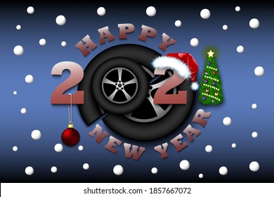 Happy new year 2021 and car wheel with Christmas ball and hat. Creative design pattern for greeting card, banner, poster, flyer, party invitation, calendar. Vector illustration