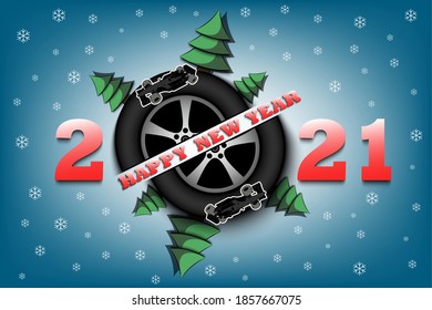 Happy new year 2021 and car wheel with Christmas trees and racing car on an isolated background. Design pattern for greeting card. Vector illustration
