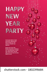 Happy New Year 2021 card design with christmas balls. Red and silver collors. A4 vector illustration for invitation, card, flyer, poster, banner, brochure, postcard.