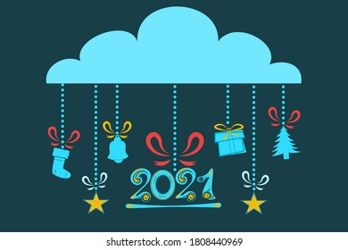 Happy New Year 2021 card illustration,gifts and hanging decorations