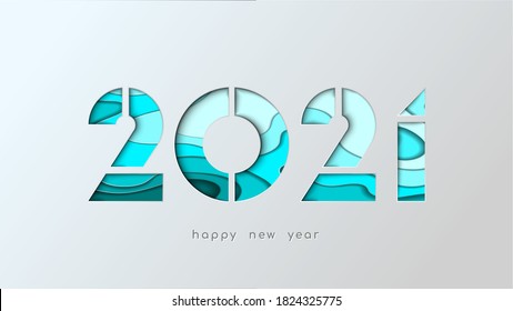 Happy new year 2021 card. Numbers are cut from paper with wavy 3d shapes of different turquoise shades. Greeting and invitation cards, as well as themed Christmas greetings and banners.
