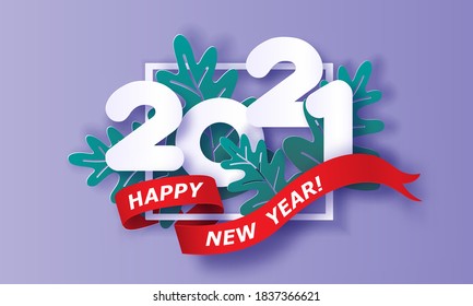 Happy New Year 2021 Card. Brochure Or Calendar Cover Design Template. Vector Illustration Paper Cut Style