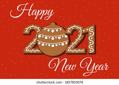 Happy new year 2021 card. Realistic gingerbread cookies in the form of numbers 2021. Red background with snow. Vector illustration.