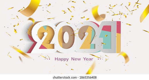 Happy New Year 2021 card in paper cut style with golden confetti for seasonal Christmas holidays greetings and invitations cards, vector illustration